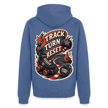 TRACK TURN RESET - Unisex Premium Bio Zip Hoodie - Taubenblau - Hinten - Nico (187cm)