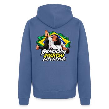 Kimura – BJJ Brasilianischer Jiu-Jitsu-Lebensstil - Unisex Premium Bio Zip Hoodie - Taubenblau - Hinten - Nico (187cm)