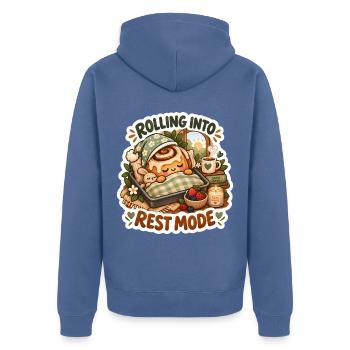 Rollend in den Ruhemodus - Unisex Premium Bio Zip Hoodie - Taubenblau - Hinten - Nico (187cm)