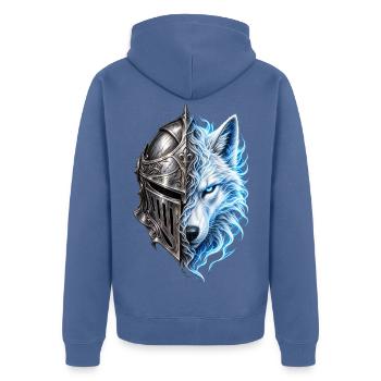 Spektraler Wolf und Ritterhelm – Fantasie - Unisex Premium Bio Zip Hoodie - Taubenblau - Hinten - Nico (187cm)