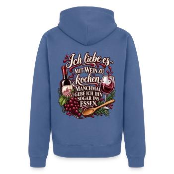 Ich liebe es, mit Wein zu kochen – Weinspruch - Unisex Premium Bio Zip Hoodie - Taubenblau - Hinten - Nico (187cm)