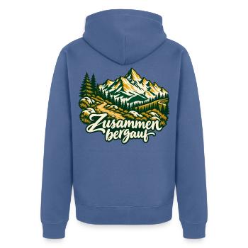 Zusammen bergauf Wanderpartner mit Bergpanorama - Unisex Premium Bio Zip Hoodie - Taubenblau - Hinten - Nico (187cm)