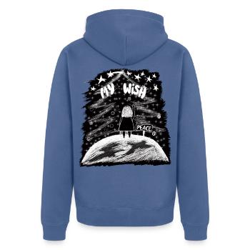 My Wish – Mädchen auf der Erde mit Weihnachtsbaum - Unisex Premium Bio Zip Hoodie - Taubenblau - Hinten - Nico (187cm)