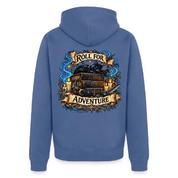 Roll for Adventure – Zauberkatze auf Büchern - Unisex Premium Bio Zip Hoodie - Taubenblau - Hinten - Nico (187cm)