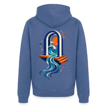 Meeresportal – Welle Sonne und blaues Tor - Unisex Premium Bio Zip Hoodie - Taubenblau - Hinten - Nico (187cm)