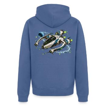 MELVIG – Scout im Weltall - Unisex Premium Bio Zip Hoodie - Taubenblau - Hinten - Nico (187cm)