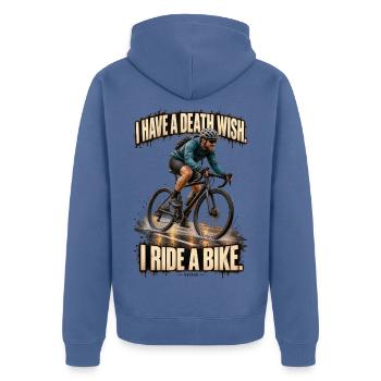 ODDROO – I Ride a Bike - Unisex Premium Bio Zip Hoodie - Taubenblau - Hinten - Nico (187cm)