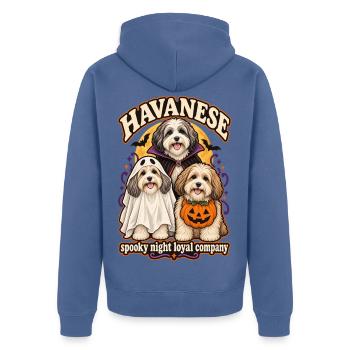 Spooky Night Loyal Company – Havanesisches Halloween - Unisex Premium Bio Zip Hoodie - Taubenblau - Hinten - Nico (187cm)