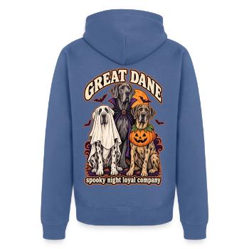 Spooky Night Loyal Company – Deutsche Dogge Halloween - Unisex Premium Bio Zip Hoodie - Taubenblau - Hinten - Nico (187cm)