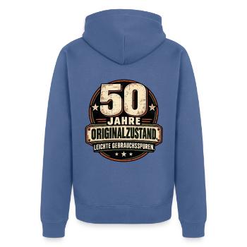 50 Jahre – Originalzustand Gebrauchsspuren - Unisex Premium Bio Zip Hoodie - Taubenblau - Hinten - Nico (187cm)