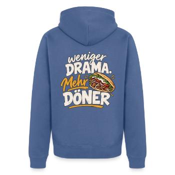 Weniger Drama, Mehr Döner - Unisex Premium Bio Zip Hoodie - Taubenblau - Hinten - Nico (187cm)