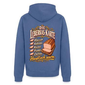 Die Leberkas-Karte Sorten Hauptsach warm - Unisex Premium Bio Zip Hoodie - Taubenblau - Hinten - Nico (187cm)