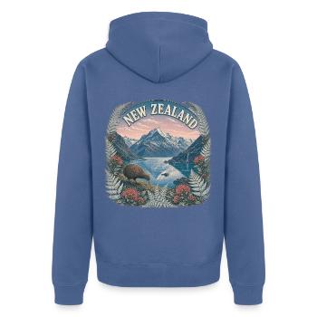 New Zealand – Neuseeland Natur Reise Art - Unisex Premium Bio Zip Hoodie - Taubenblau - Hinten - Nico (187cm)