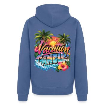 Cancun-Urlaubsuntergang - Unisex Premium Bio Zip Hoodie - Taubenblau - Hinten - Nico (187cm)