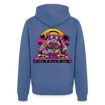 Neon Hippo DJ Sunset - Unisex Premium Bio Zip Hoodie - Taubenblau - Hinten - Nico (187cm)