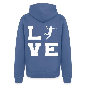 Geschenkidee für den Handballspieler mit Ballsport - Unisex Premium Bio Zip Hoodie - Taubenblau - Hinten - Nico (187cm)