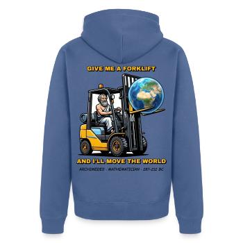 Archimedes – Gebt mir einen Stapler - Unisex Premium Bio Zip Hoodie - Taubenblau - Hinten - Nico (187cm)