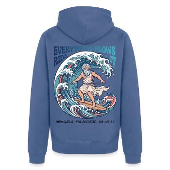 Heraclitus – Everything Flows - Unisex Premium Bio Zip Hoodie - Taubenblau - Hinten - Nico (187cm)