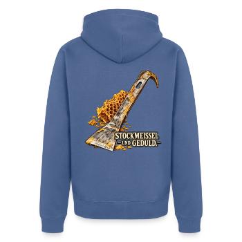 Stockmeißel und Geduld – Imkerei - Unisex Premium Bio Zip Hoodie - Taubenblau - Hinten - Nico (187cm)