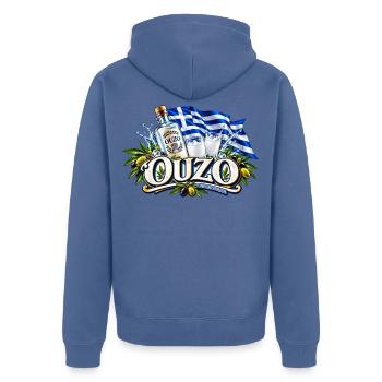 Ouzo Griechenland - Unisex Premium Bio Zip Hoodie - Taubenblau - Hinten - Nico (187cm)