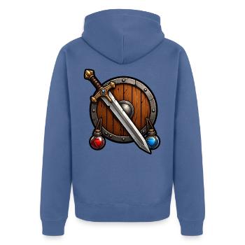 Schwert Schild Tränke Gamer Fantasy Comic T-Shirt - Unisex Premium Bio Zip Hoodie - Taubenblau - Hinten - Nico (187cm)