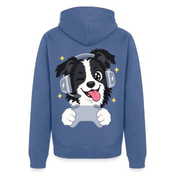 Gaming Border Collie mit Headset und Controller - Unisex Premium Bio Zip Hoodie - Taubenblau - Hinten - Nico (187cm)