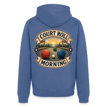 COURT ROLL MORNING - Unisex Premium Bio Zip Hoodie - Taubenblau - Hinten - Nico (187cm)