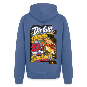 Ei fällt gleich aus dem Sandwich - Unisex Premium Bio Zip Hoodie - Taubenblau - Hinten - Nico (187cm)