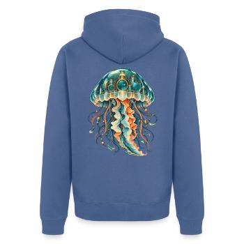 Steampunk-Qualle mit leuchtender Unterwasserstadt - Unisex Premium Bio Zip Hoodie - Taubenblau - Hinten - Nico (187cm)