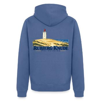 Rubjerg Knude Fyr – Dünen und Meer in Farbe - Unisex Premium Bio Zip Hoodie - Taubenblau - Hinten - Nico (187cm)