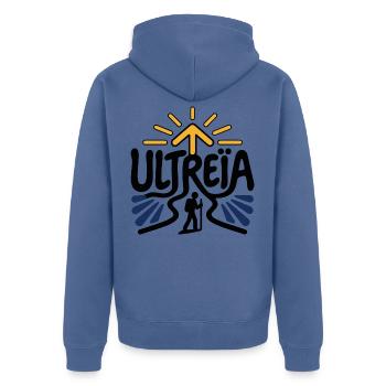 Pilger Ultreïa – Santiago Compostela - Unisex Premium Bio Zip Hoodie - Taubenblau - Hinten - Nico (187cm)