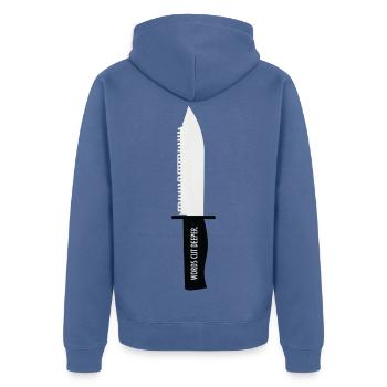 Words Cut Deeper – Papiermesser Design - Unisex Premium Bio Zip Hoodie - Taubenblau - Hinten - Nico (187cm)