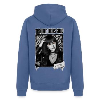 Cool Trouble Girl 13.1 - Unisex Premium Bio Zip Hoodie - Taubenblau - Hinten - Nico (187cm)