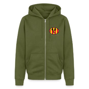 Katalanische Flagge 66 lächelnd rot und gelb - Unisex Premium Bio Zip Hoodie - Khaki - Vorne - Nico (187cm) & Julia (174cm)