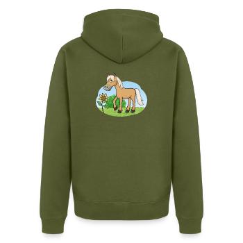 Lustiges Pferd auf Wiese - Unisex Premium Bio Zip Hoodie - Khaki - Hinten - Nico (187cm)