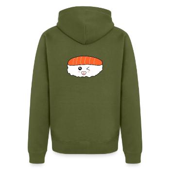 kawaii food, japanese cuisine, japanese fish - Unisex Premium Organic Zip Hoodie - khaki - Back - Nico (187cm)