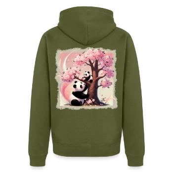 Mama und Baby-Pandas am Kirschbaum - Unisex Premium Bio Zip Hoodie - Khaki - Hinten - Nico (187cm)