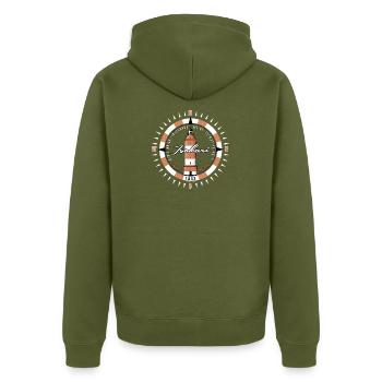 ISOKARI LEUCHTTURM Kompass Textilien, Geschenke - Unisex Premium Bio Zip Hoodie - Khaki - Hinten - Nico (187cm)