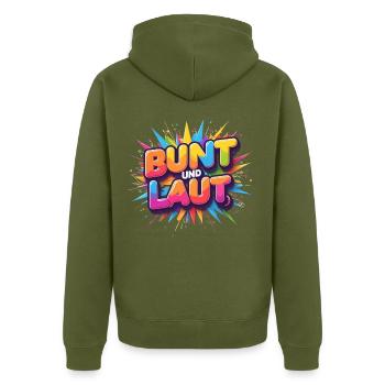 Bund und Laut - Unisex Premium Bio Zip Hoodie - Khaki - Hinten - Nico (187cm)