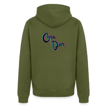 Nutze den Tag - Unisex Premium Bio Zip Hoodie - Khaki - Hinten - Nico (187cm)