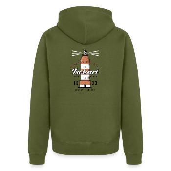 ISOKARI LEUCHTTURM - Textilien und Geschenke. - Unisex Premium Bio Zip Hoodie - Khaki - Hinten - Nico (187cm)