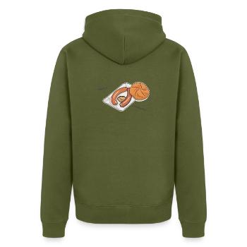 Frankfurter versus Wiener Würstchen - Unisex Premium Bio Zip Hoodie - Khaki - Hinten - Nico (187cm)