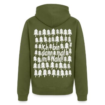Ich bin dann mal im Wald – Bushcraft & Wandern - Unisex Premium Bio Zip Hoodie - Khaki - Hinten - Nico (187cm)