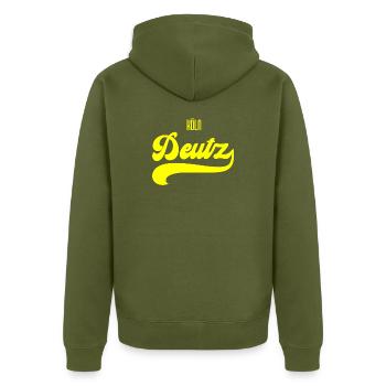 Köln Deutz retro T-Shirt - Unisex Premium Bio Zip Hoodie - Khaki - Hinten - Nico (187cm)