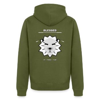 Gesegneter Löwe: Glaube, Kraft, Fluss - Unisex Premium Bio Zip Hoodie - Khaki - Hinten - Nico (187cm)