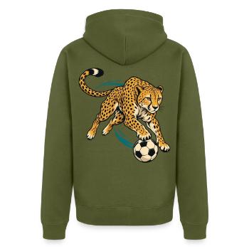Gepard mit Fußball – Dynamisches Sportmotiv - Unisex Premium Bio Zip Hoodie - Khaki - Hinten - Nico (187cm)