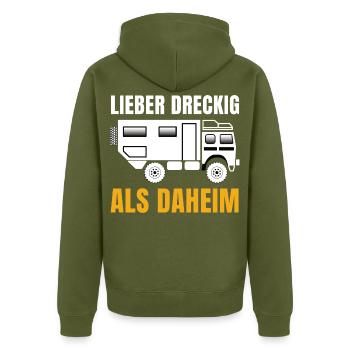 Lieber dreckig als daheim – Offroad Spruch - Unisex Premium Bio Zip Hoodie - Khaki - Hinten - Nico (187cm)