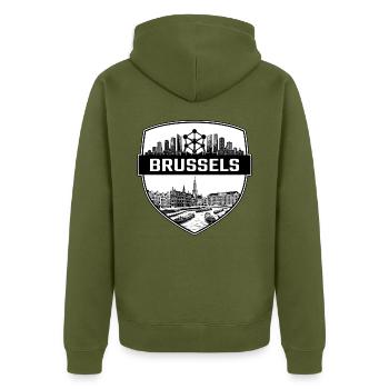 Brüsseler Skyline-Abzeichen - Unisex Premium Bio Zip Hoodie - Khaki - Hinten - Nico (187cm)
