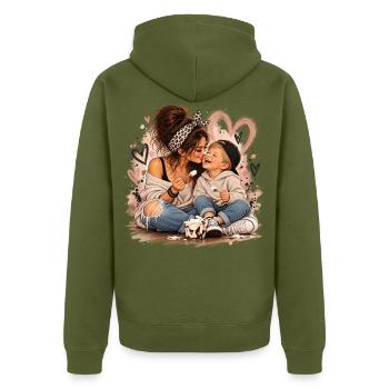 Herzliche Mutter Kind Bonding Illustration - Unisex Premium Bio Zip Hoodie - Khaki - Hinten - Nico (187cm)