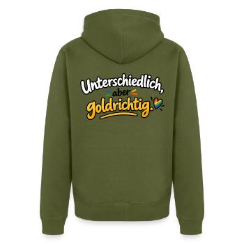 Unterschiedlich Goldrichtig - Unisex Premium Bio Zip Hoodie - Khaki - Hinten - Nico (187cm)